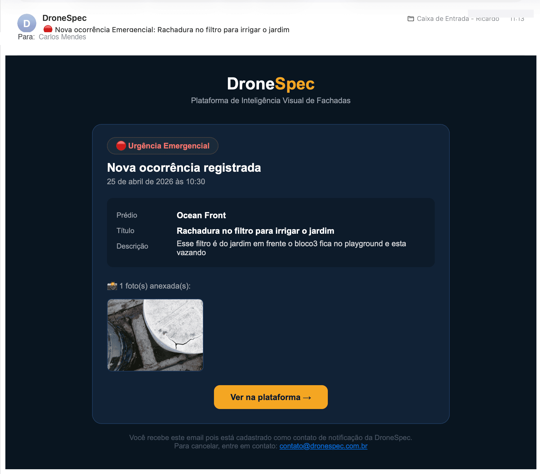 Email de notificação DroneSpec