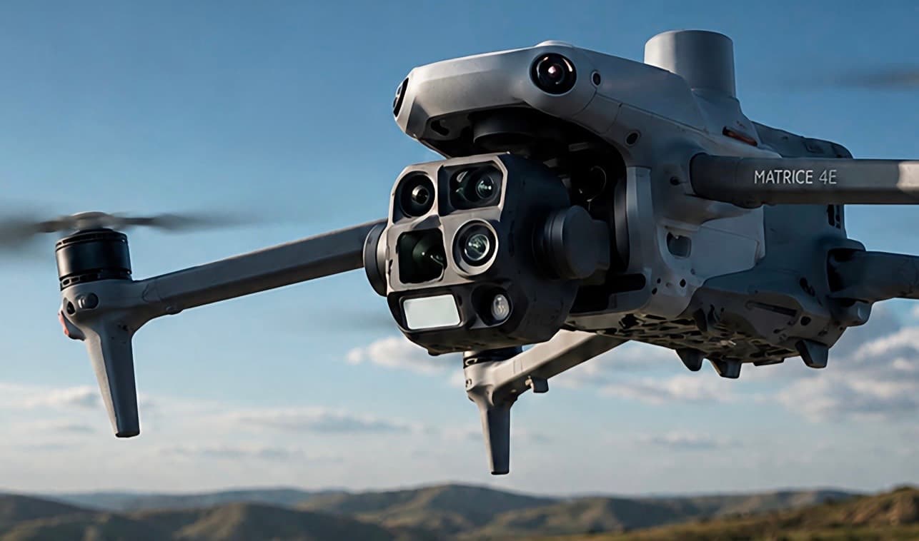 Drone DJI em operação inspecionando fachada de edifício